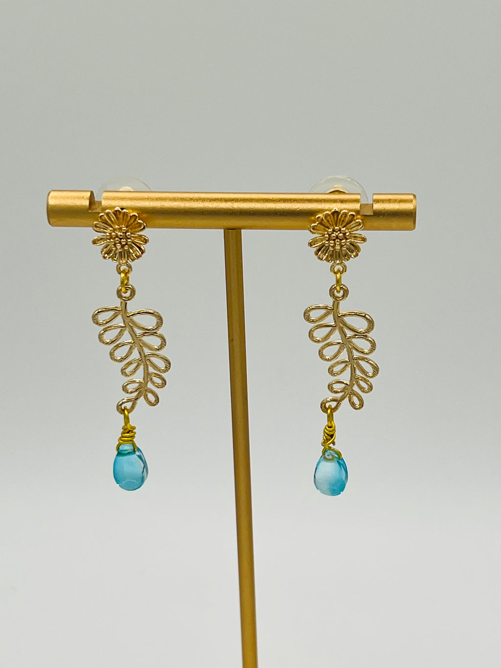 Gold Botanical Dangle Earrings with Aqua Blue Drops