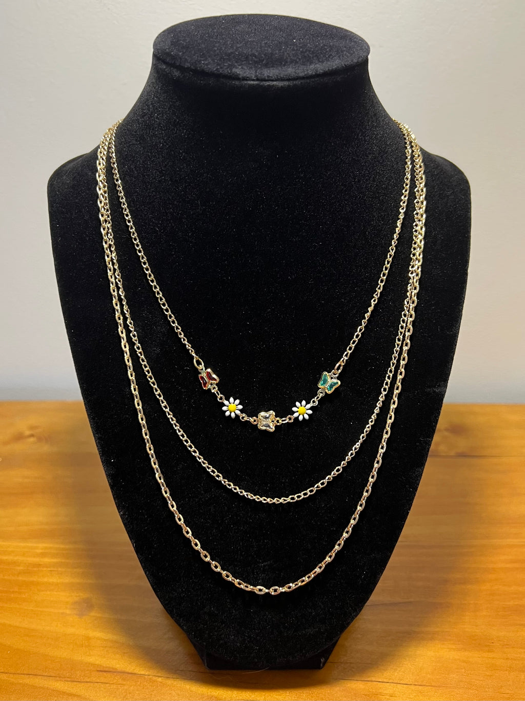 18K Gold-Filled Triple-Layer Butterfly & Daisy Necklace