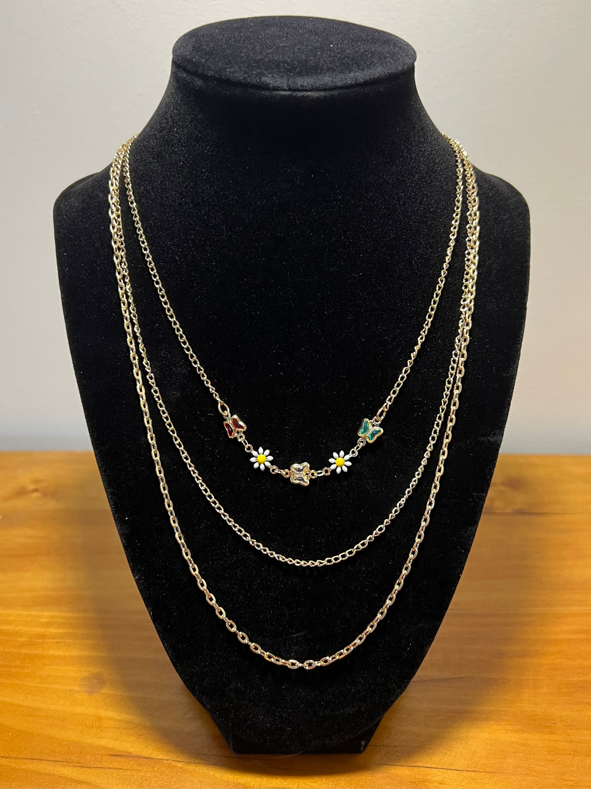 18K Gold-Filled Triple-Layer Butterfly & Daisy Necklace