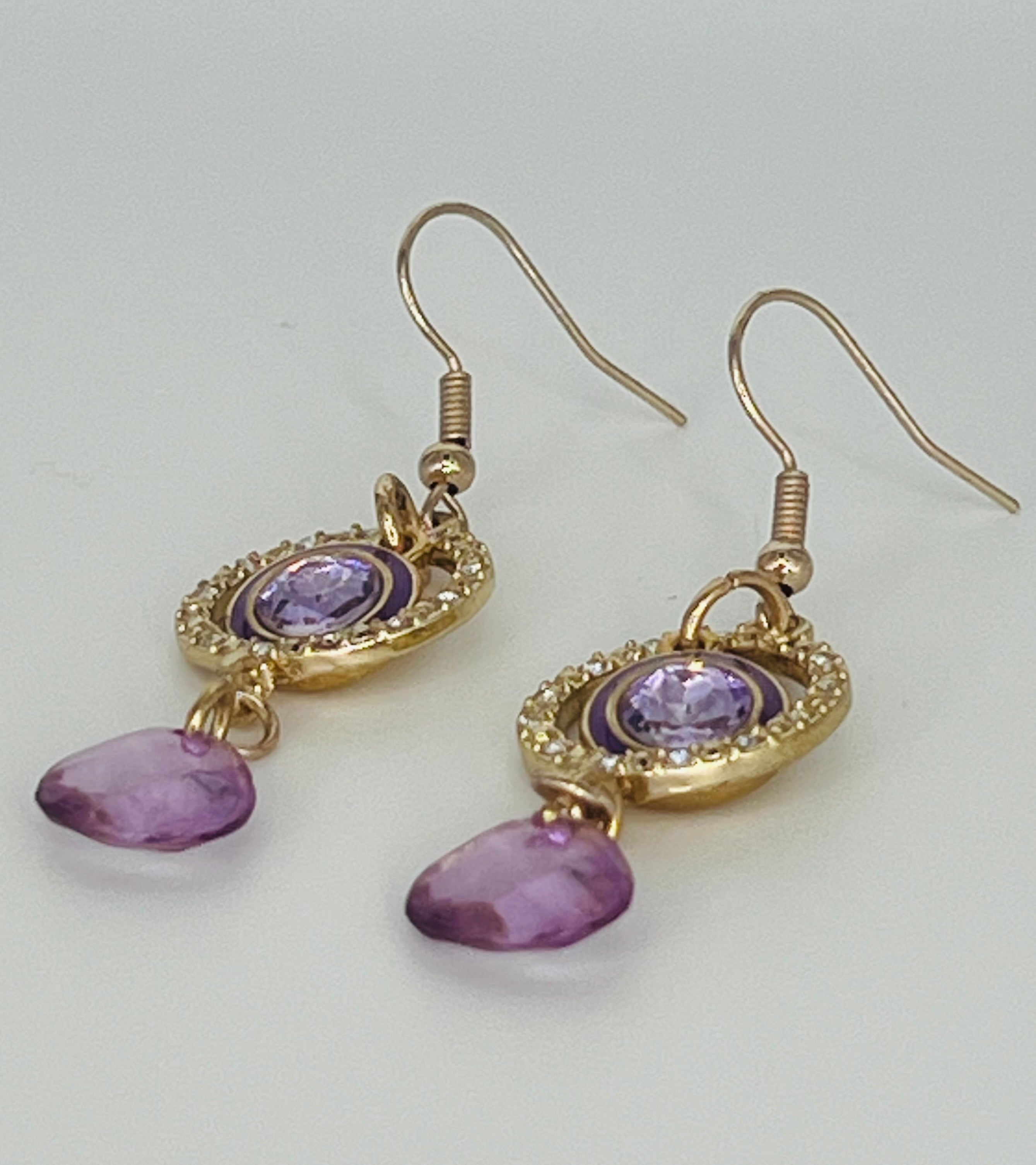 Purple Gemstone and Gold Dangle Earrings with Gold Round Crystal Accents