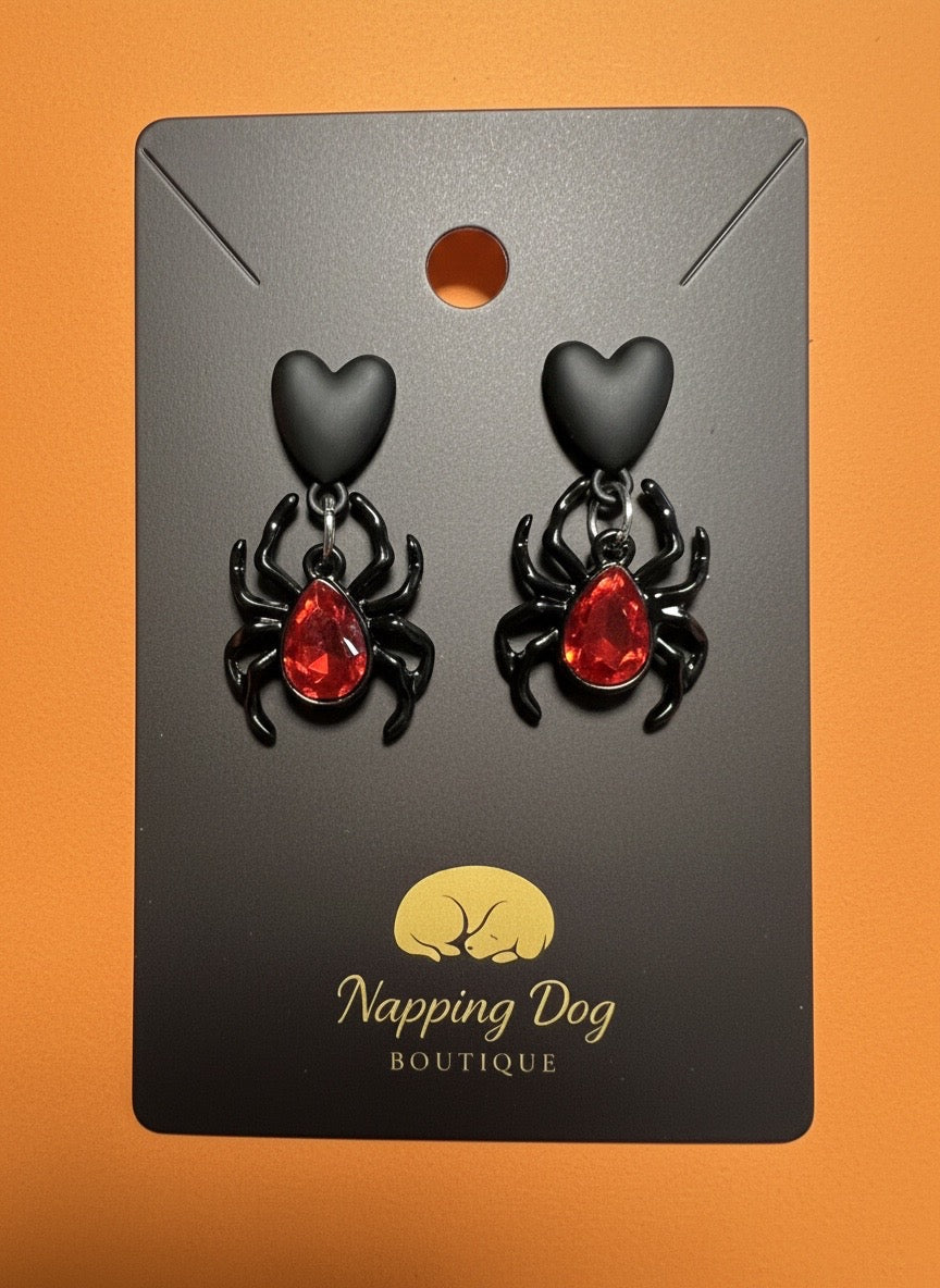 Black Heart and Spider with Red Gem Earrings