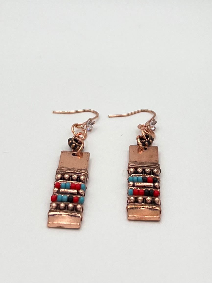 Copper Boho Dangle Earrings with Multi-color Bead Accents