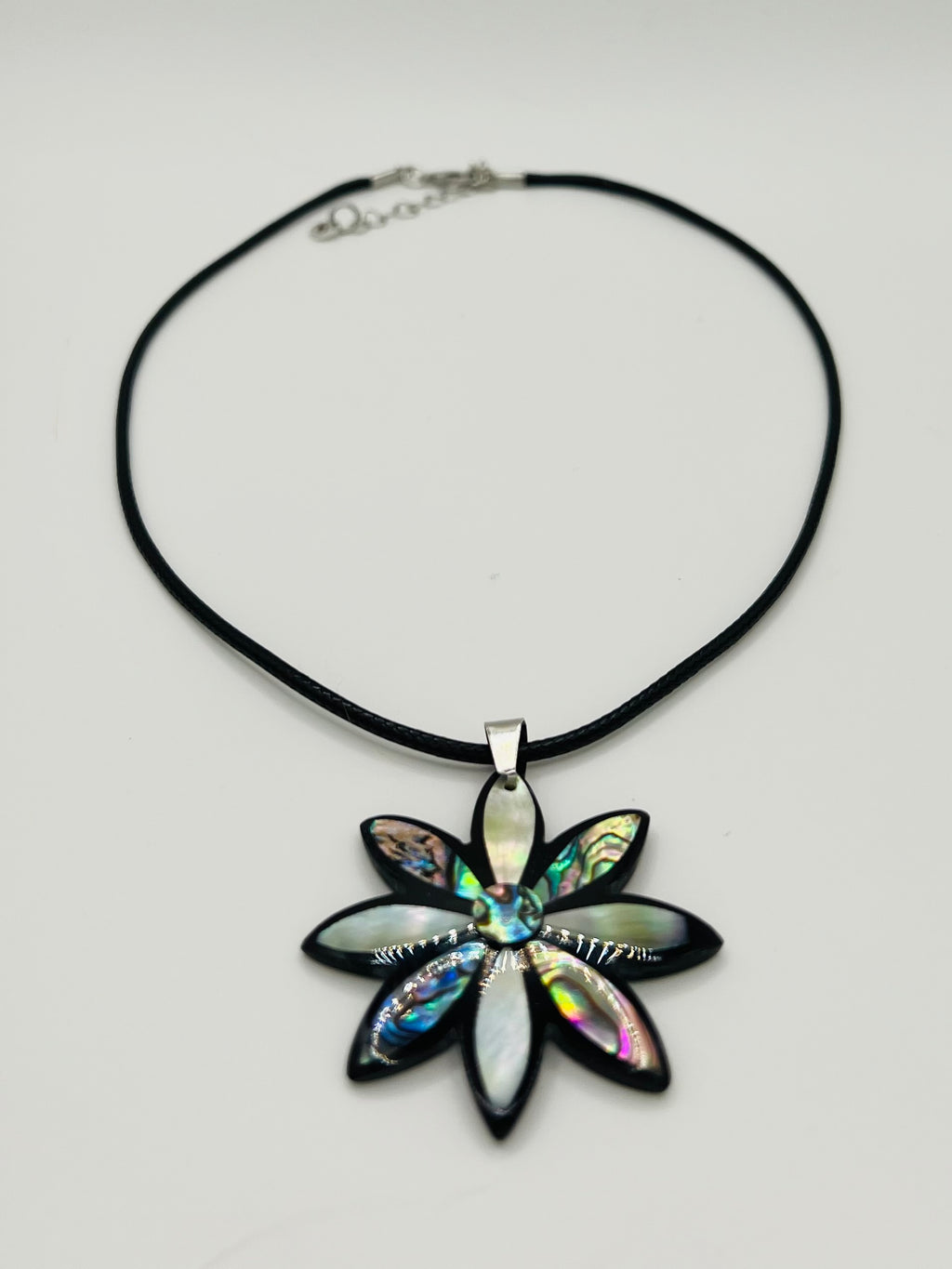 Abalone Flower Pendant Necklace on Black Rope Chain