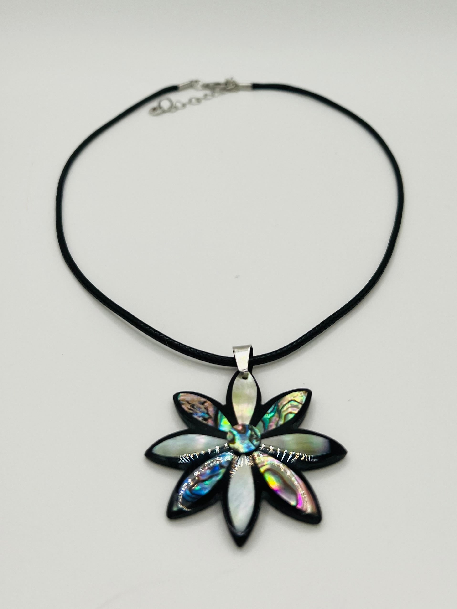 Abalone Flower Pendant Necklace on Black Rope Chain