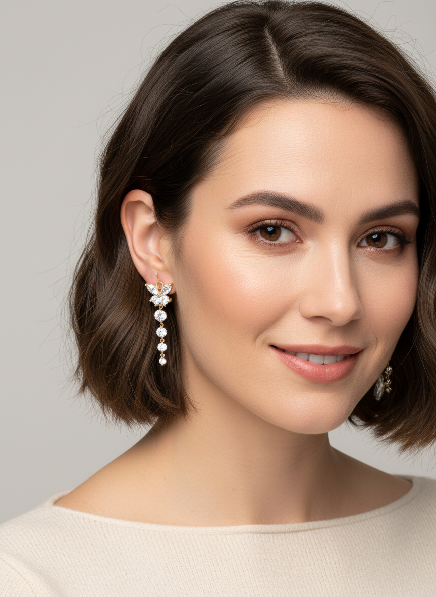 Elegant Gold & Crystal Layered Butterfly Dangle Earrings