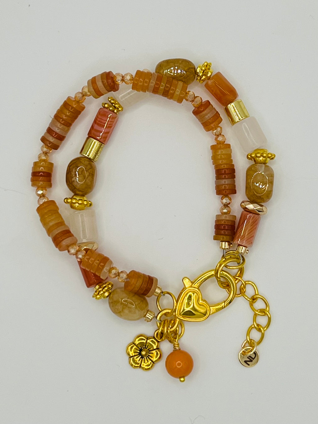 Two-Strand Natural Stones Bracelet with Antique Gold Flower Charm