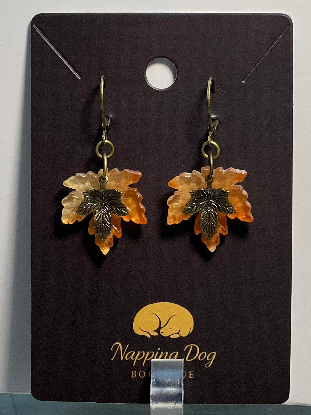 Glass Maple Leaf & Bronze Leaf Dangle Earrings – Fall Jewelry