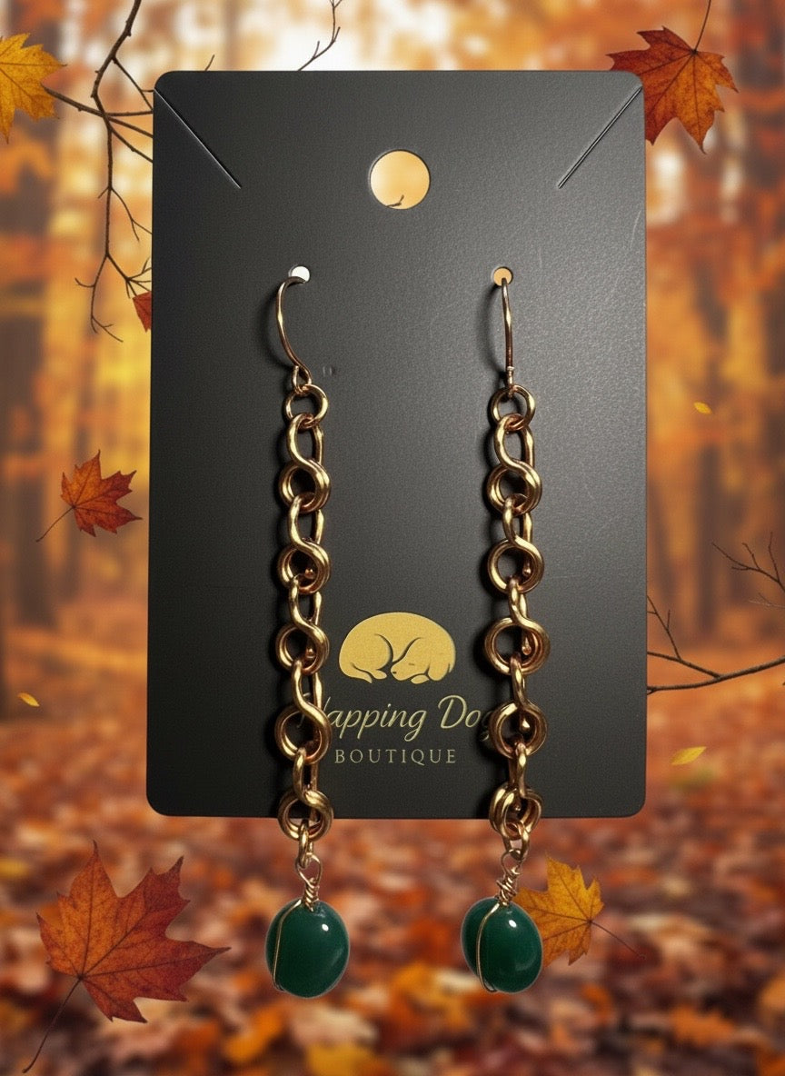 Hand-Twisted Copper Chain Dangle Earrings with Green Stone Drops