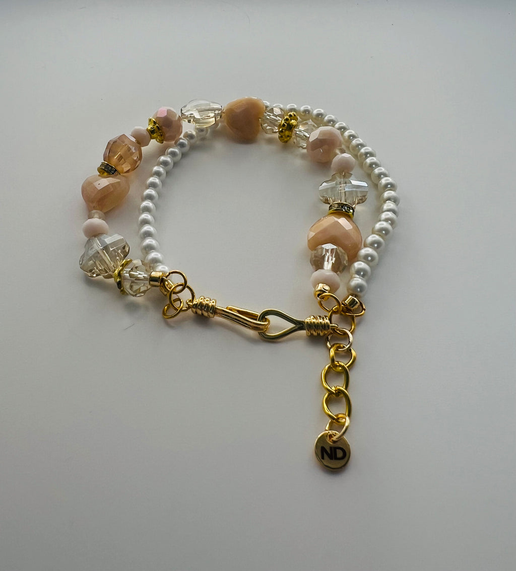 Two-Strand Faux Pearl & Pink Crystal Bracelet