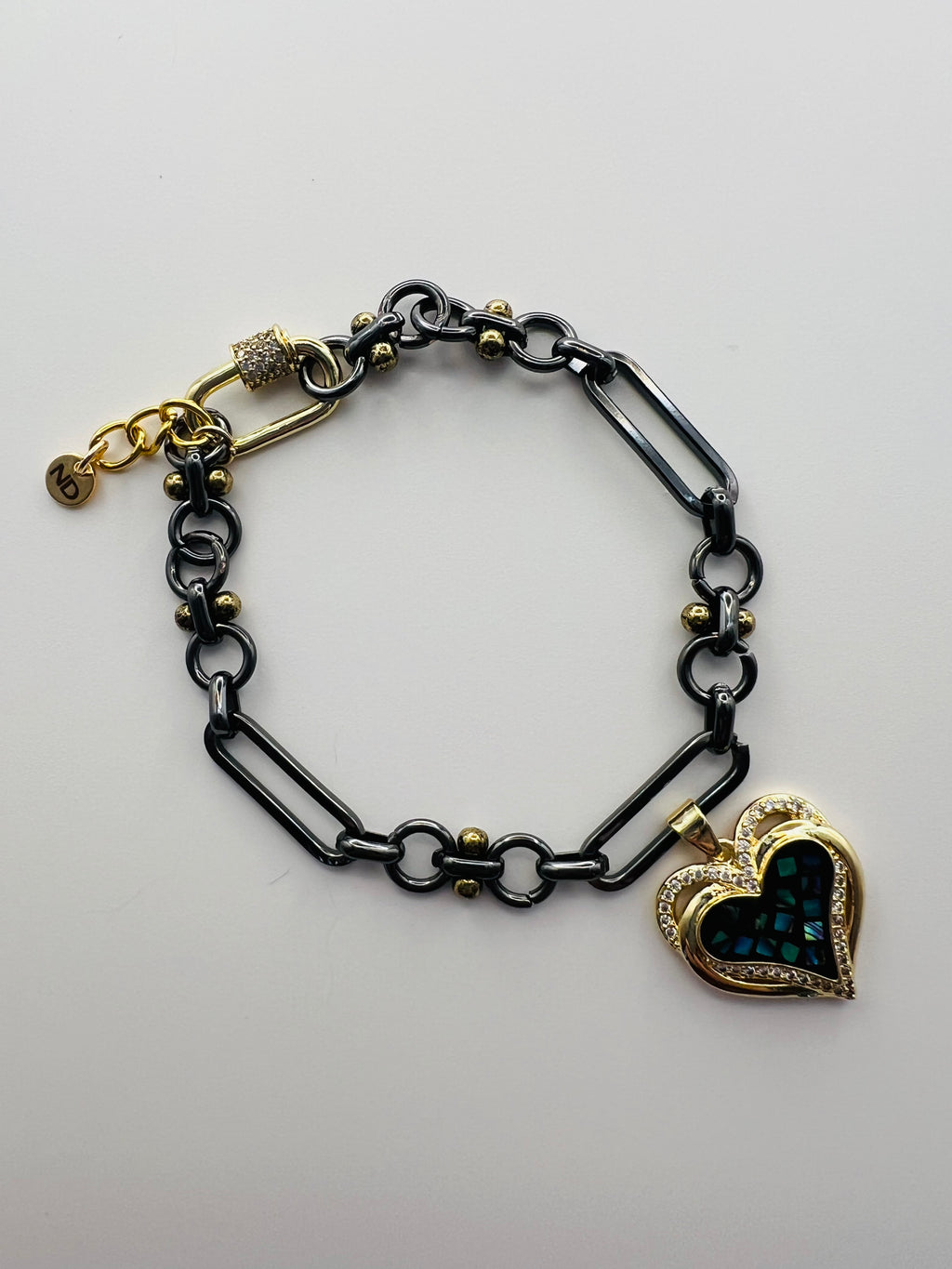 Gunmetal & Gold Tone Bracelet with Heart Faux Abalone Charm