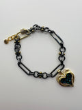 Gunmetal & Gold Tone Bracelet with Heart Faux Abalone Charm
