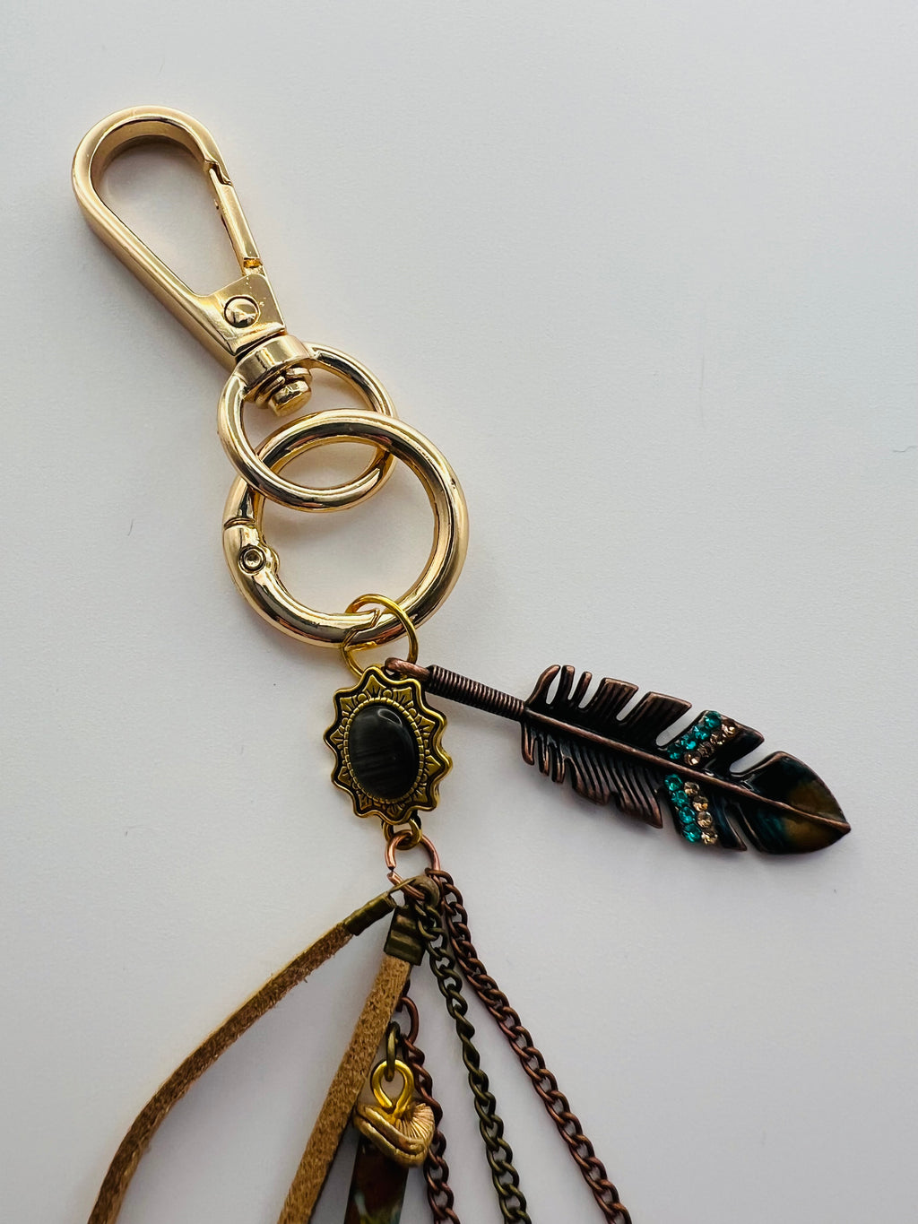Boho Feather Charm Keychain with Turquoise Accents