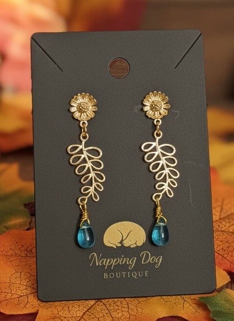 Gold-Tone Floral Leaf Dangle Earrings with Teal Glass Drops