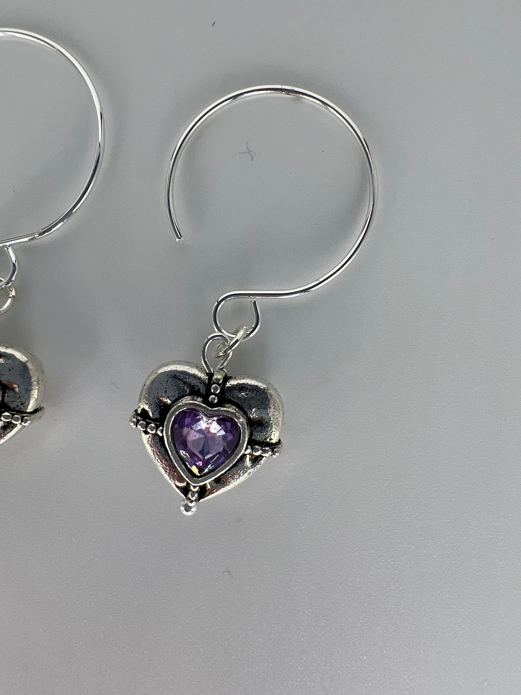 Silver Tone Heart Earrings - Choose from Amethyst or Crystal
