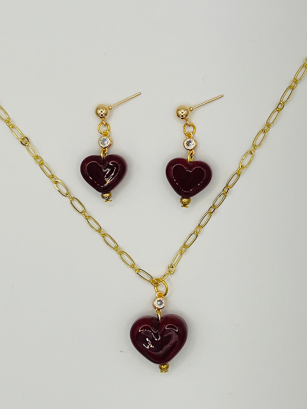 Handmade Lampwork Red Heart Necklace & Earring Set with Crystal Accents