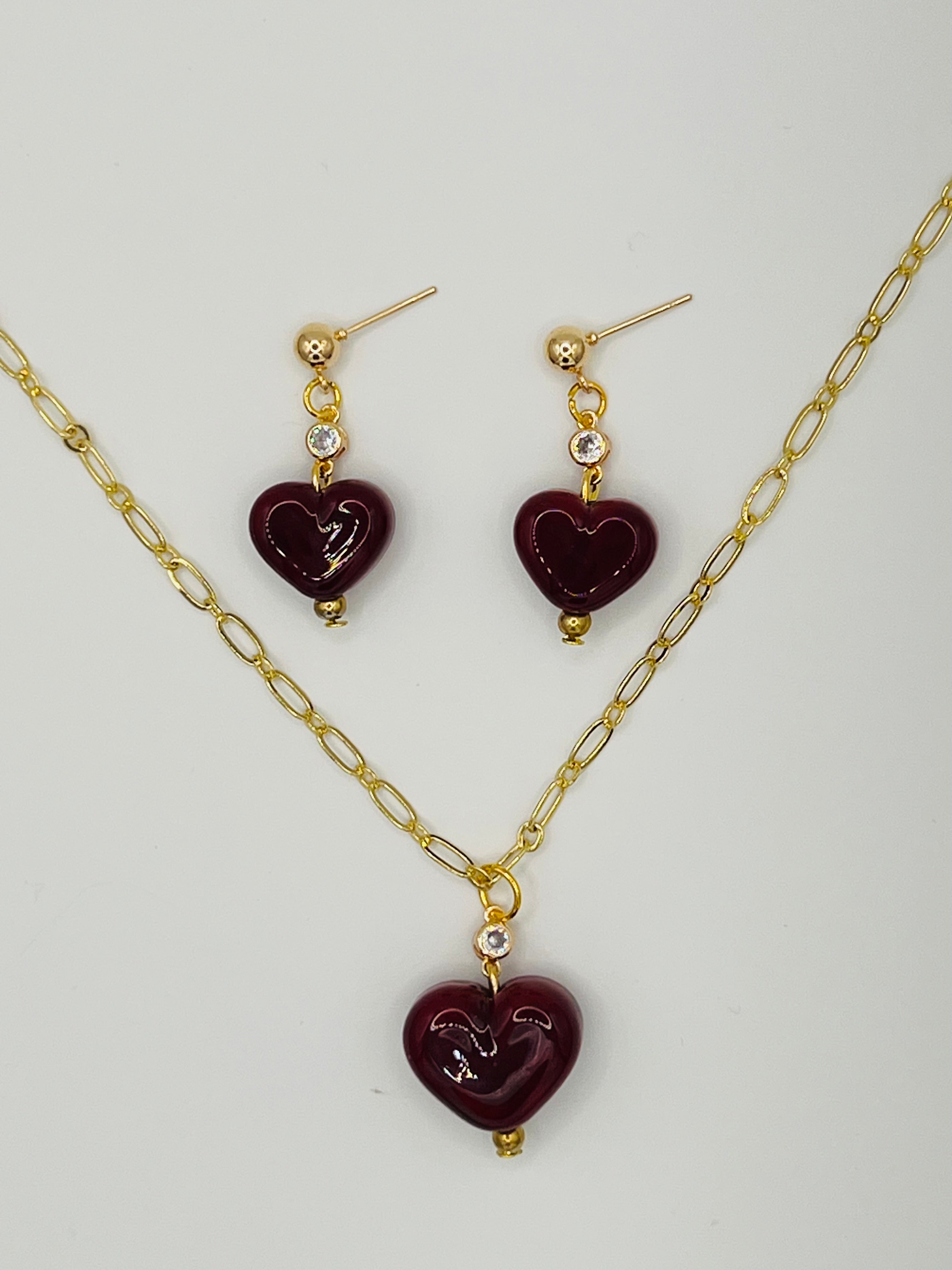 Handmade Lampwork Red Heart Necklace & Earring Set with Crystal Accents