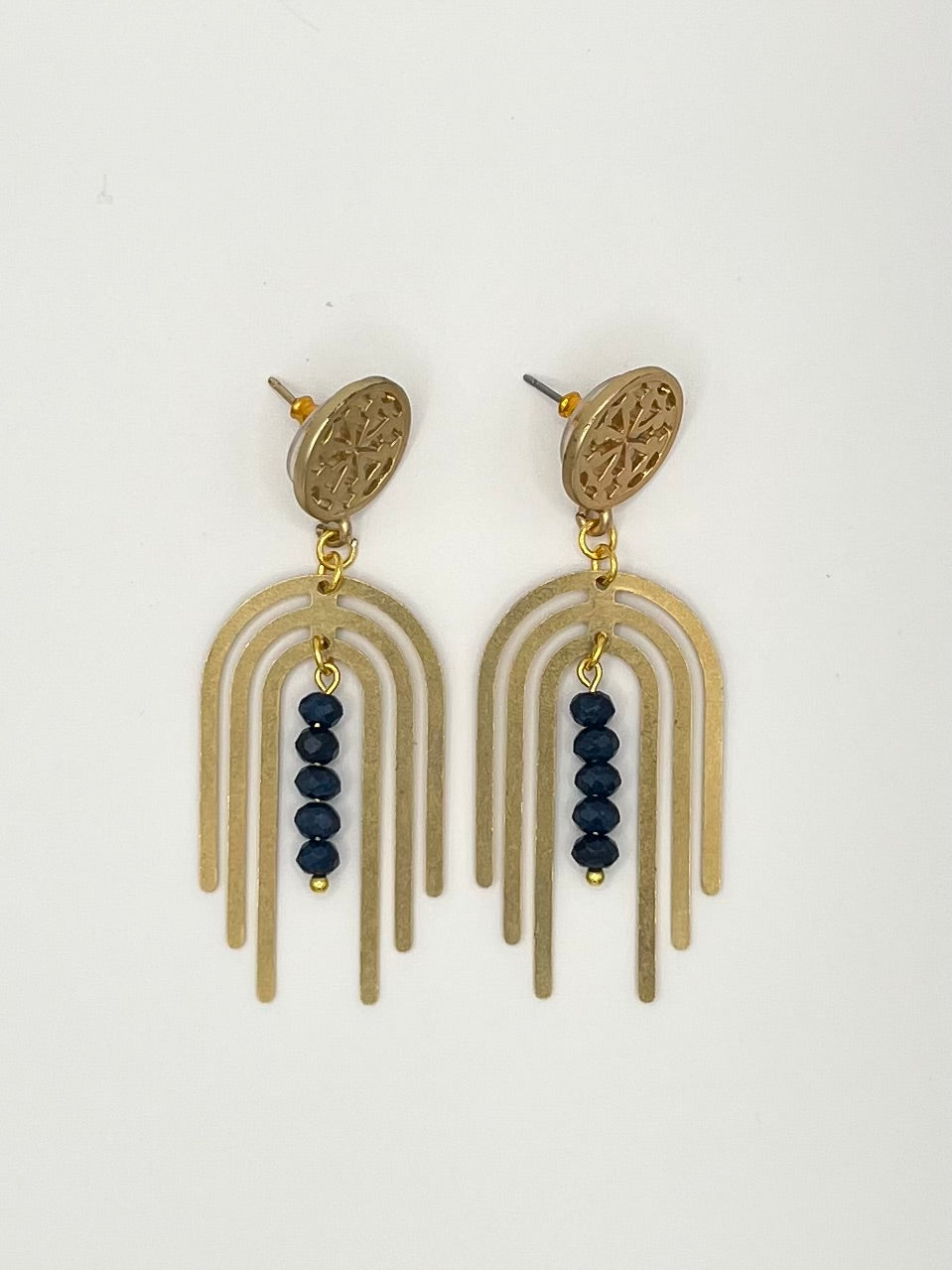Gold Arch Dangle Earrings with Iolite Beads