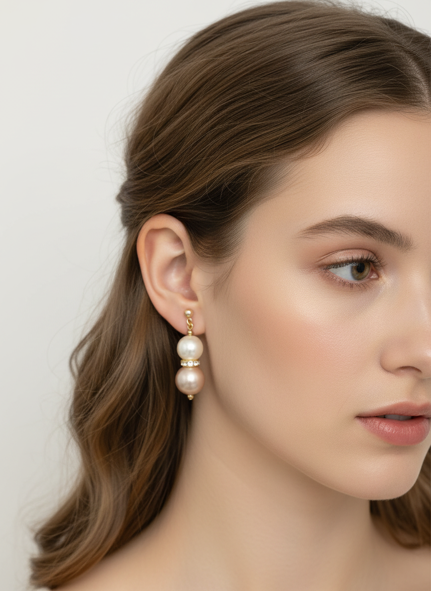 Gold Double Faux Pearl Dangle Earrings with Rhinestone Accent