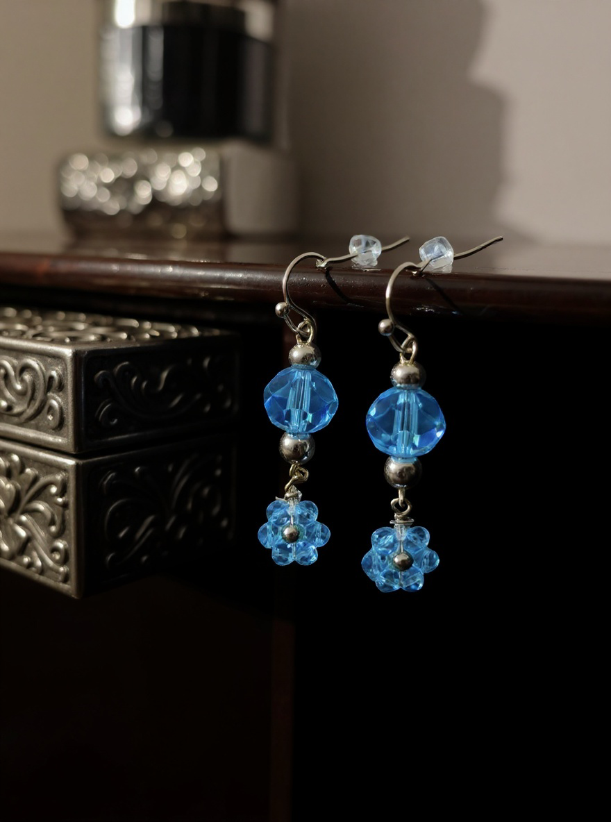 Gold Tone and Blue Glass Bead Dangle Earrings Accented with Blue Flowers