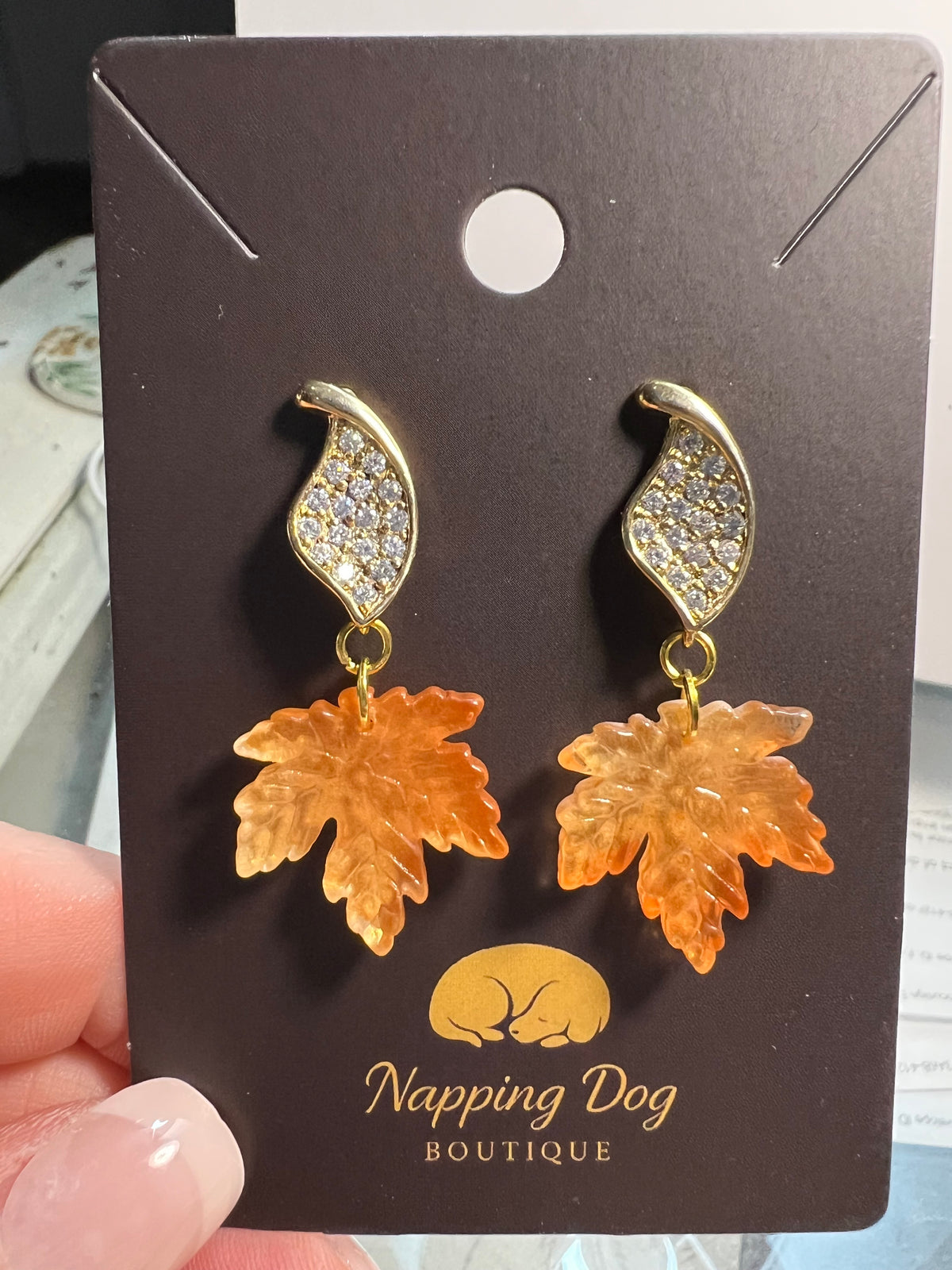 Glass Maple Leaf Dangle Earrings – Gold-Tone Crystal Accent Earrings