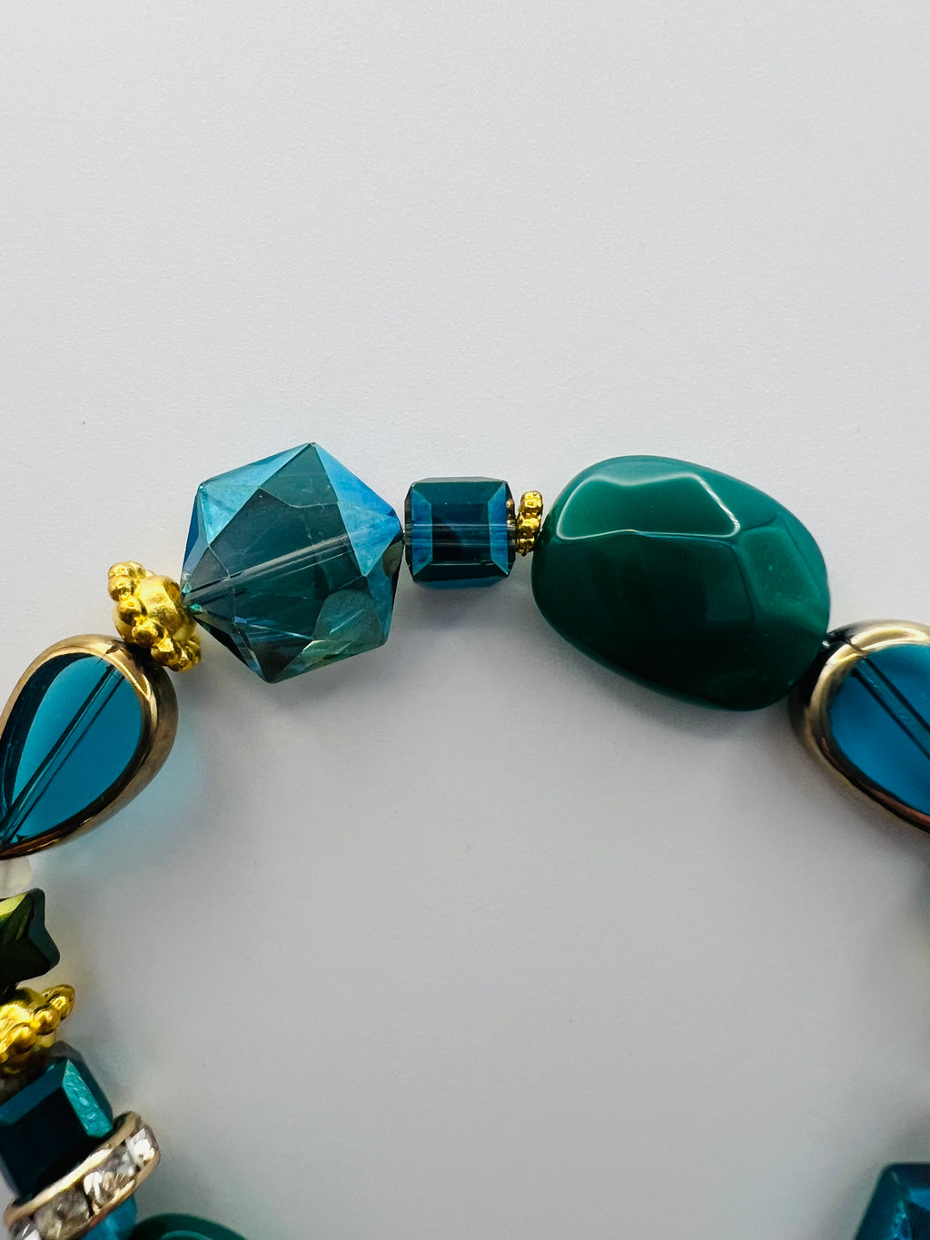 Turquoise & Green Stone/Bead Gold Tone Bracelet with Opal Charm