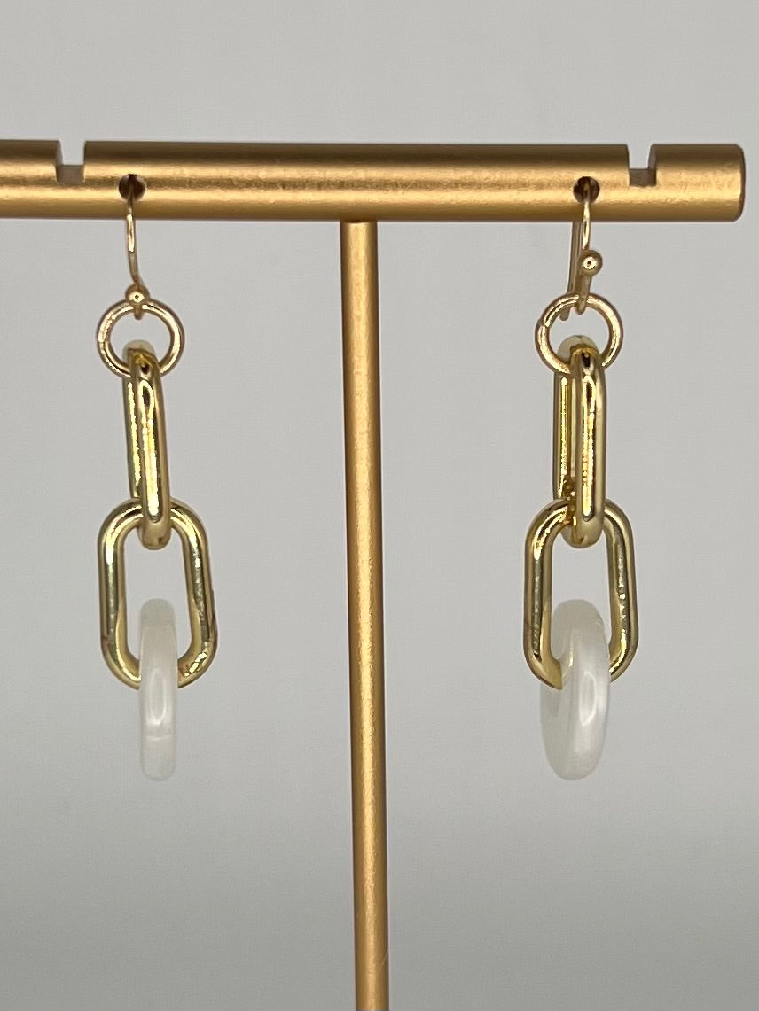 Gold Tone Paperclip Earrings with White Accent Bead