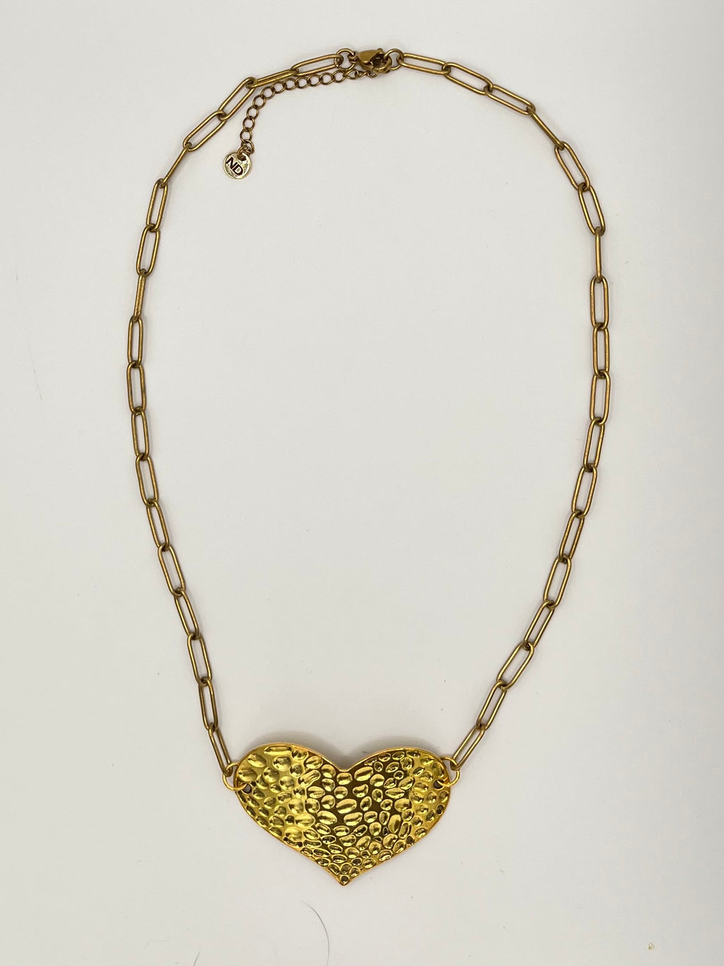 Gold Tone Hammered Heart Pendant Necklace – Stainless Steel Chain