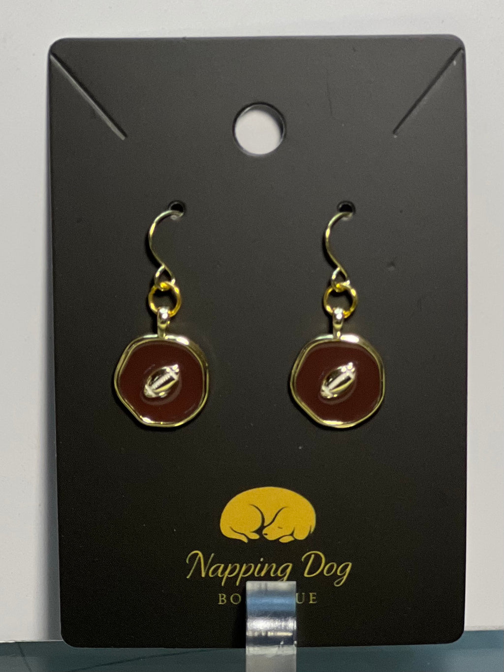 Football Button Dangle Earrings – Brown & Gold-Tone Game Day Earrings
