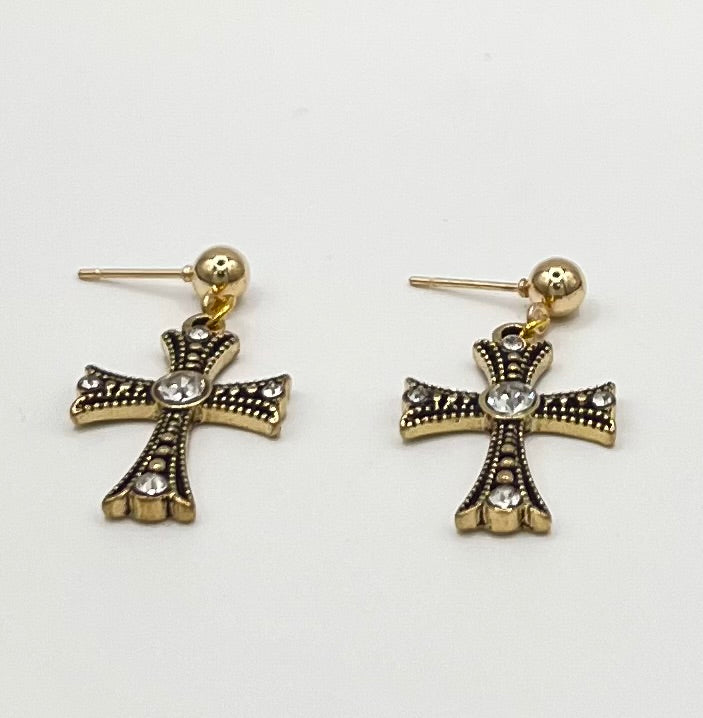 Artisan-Style Antique Gold Cross Earrings