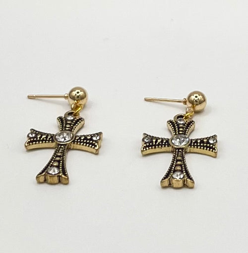 Artisan-Style Antique Gold Cross Earrings