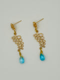 Gold Botanical Dangle Earrings with Aqua Blue Drops