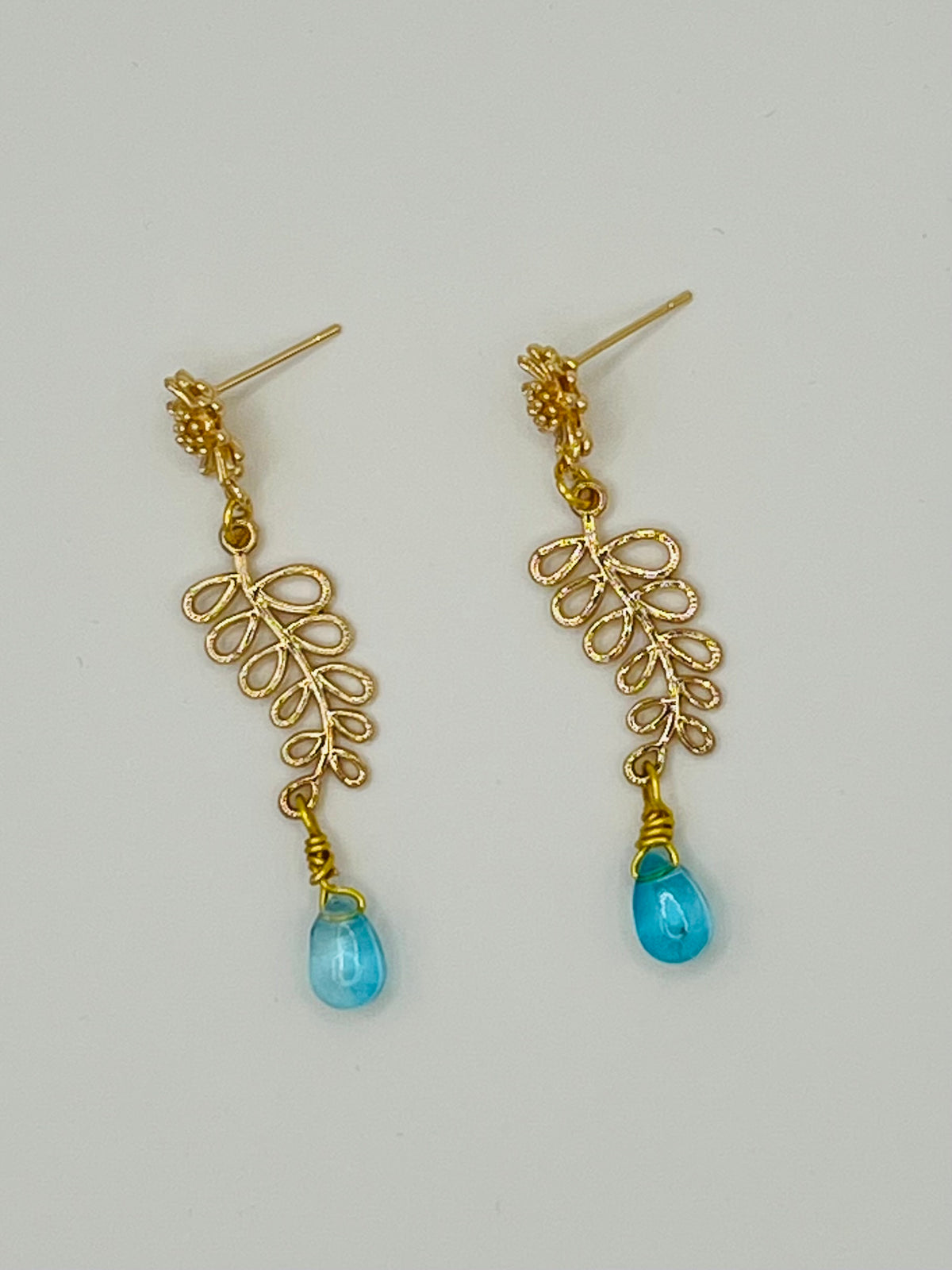 Gold Botanical Dangle Earrings with Aqua Blue Drops