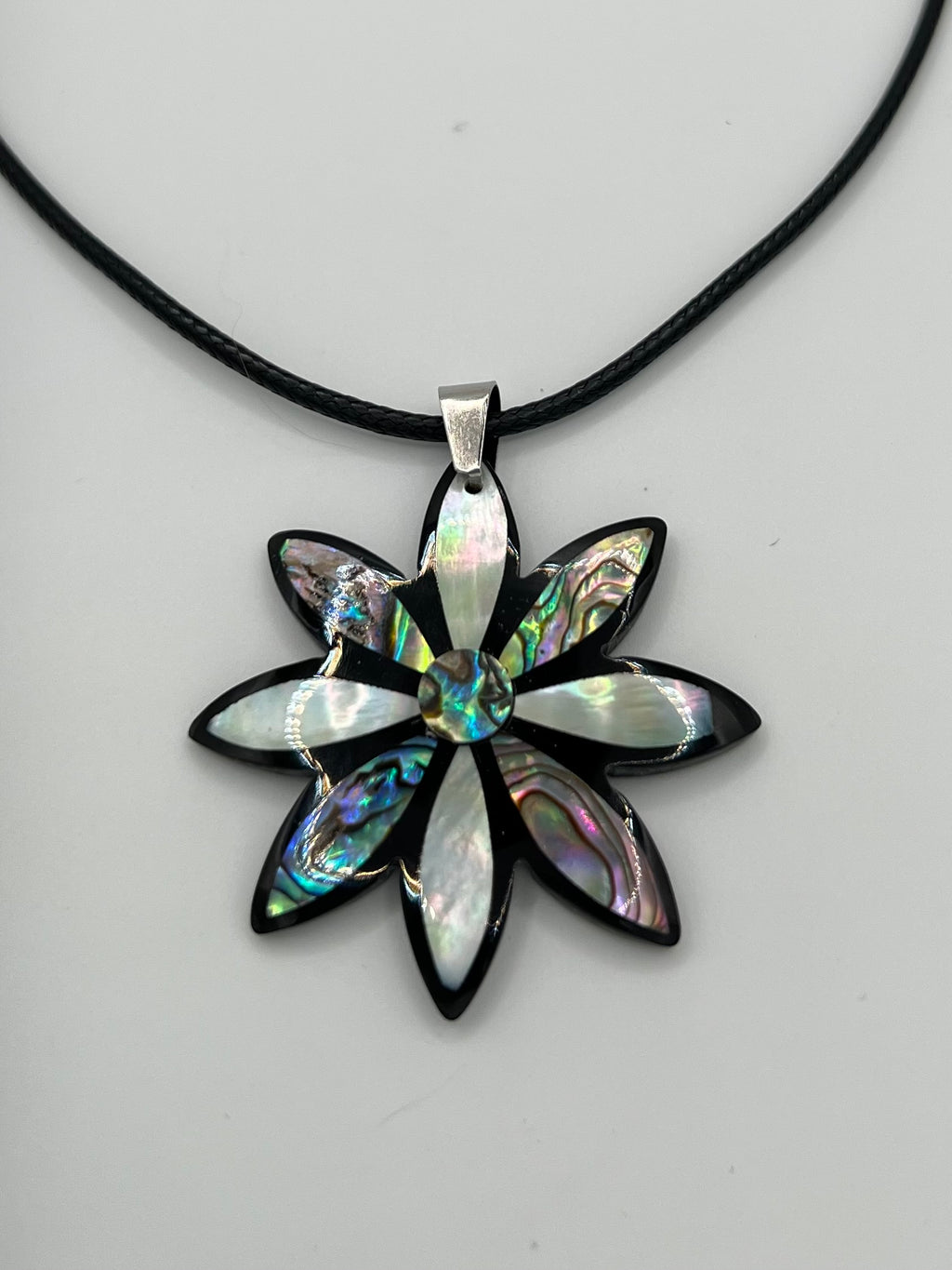 Abalone Flower Pendant Necklace on Black Rope Chain