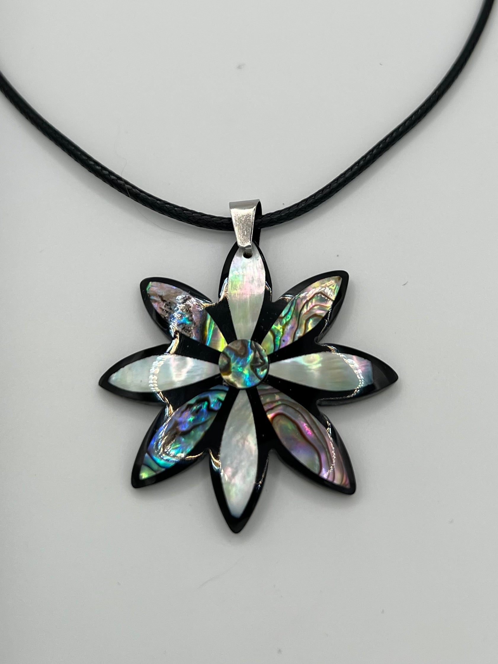 Abalone Flower Pendant Necklace on Black Rope Chain