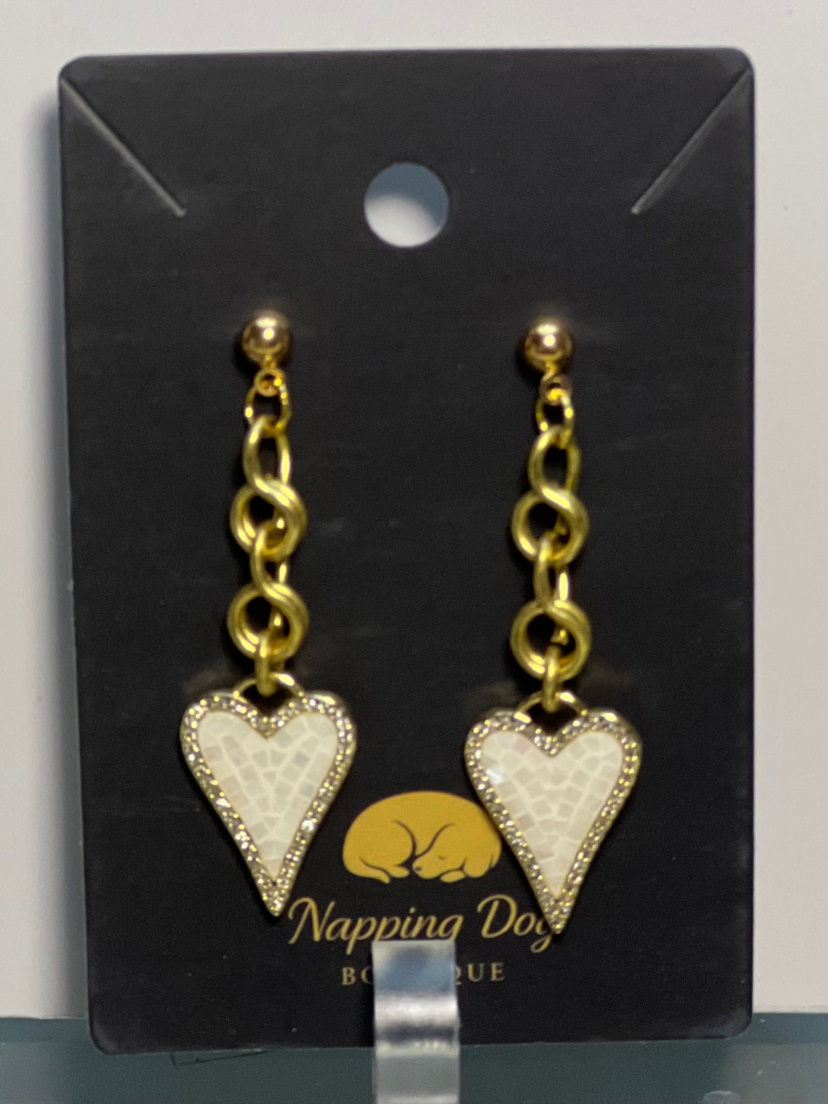 Hand-Wired Gold-Tone Heart Dangle Earrings – Cream Textured Statement Earrings
