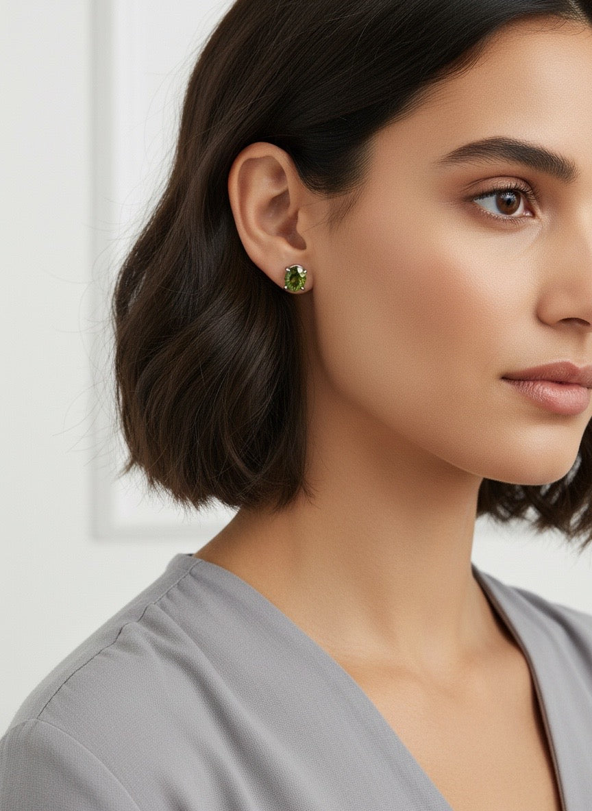 Sterling Silver Genuine Peridot Oval Stud Earrings