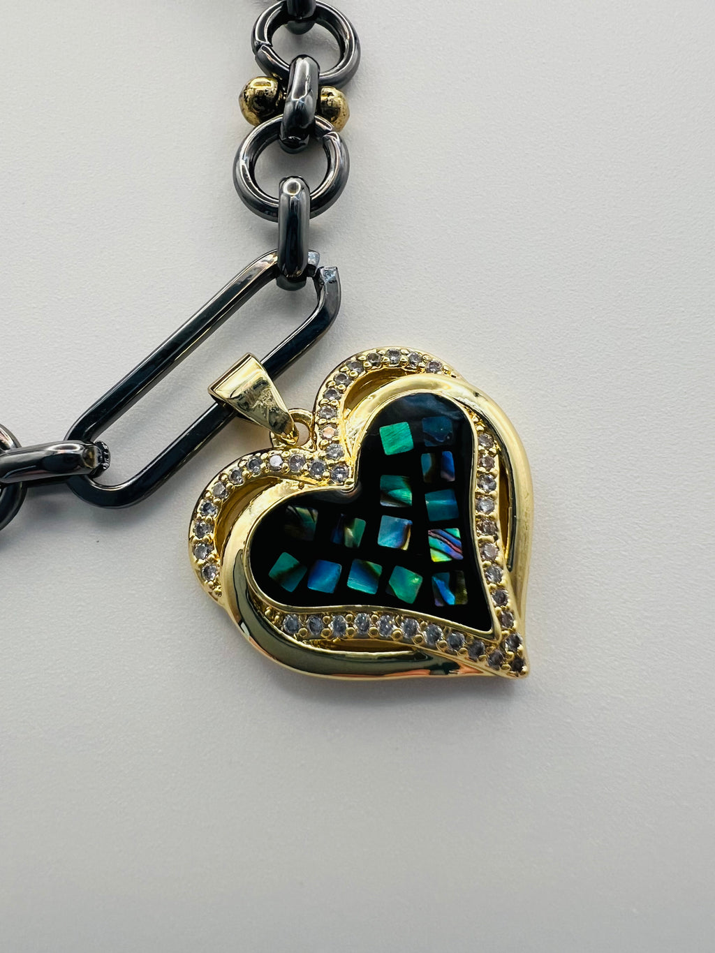 Gunmetal & Gold Tone Bracelet with Heart Faux Abalone Charm