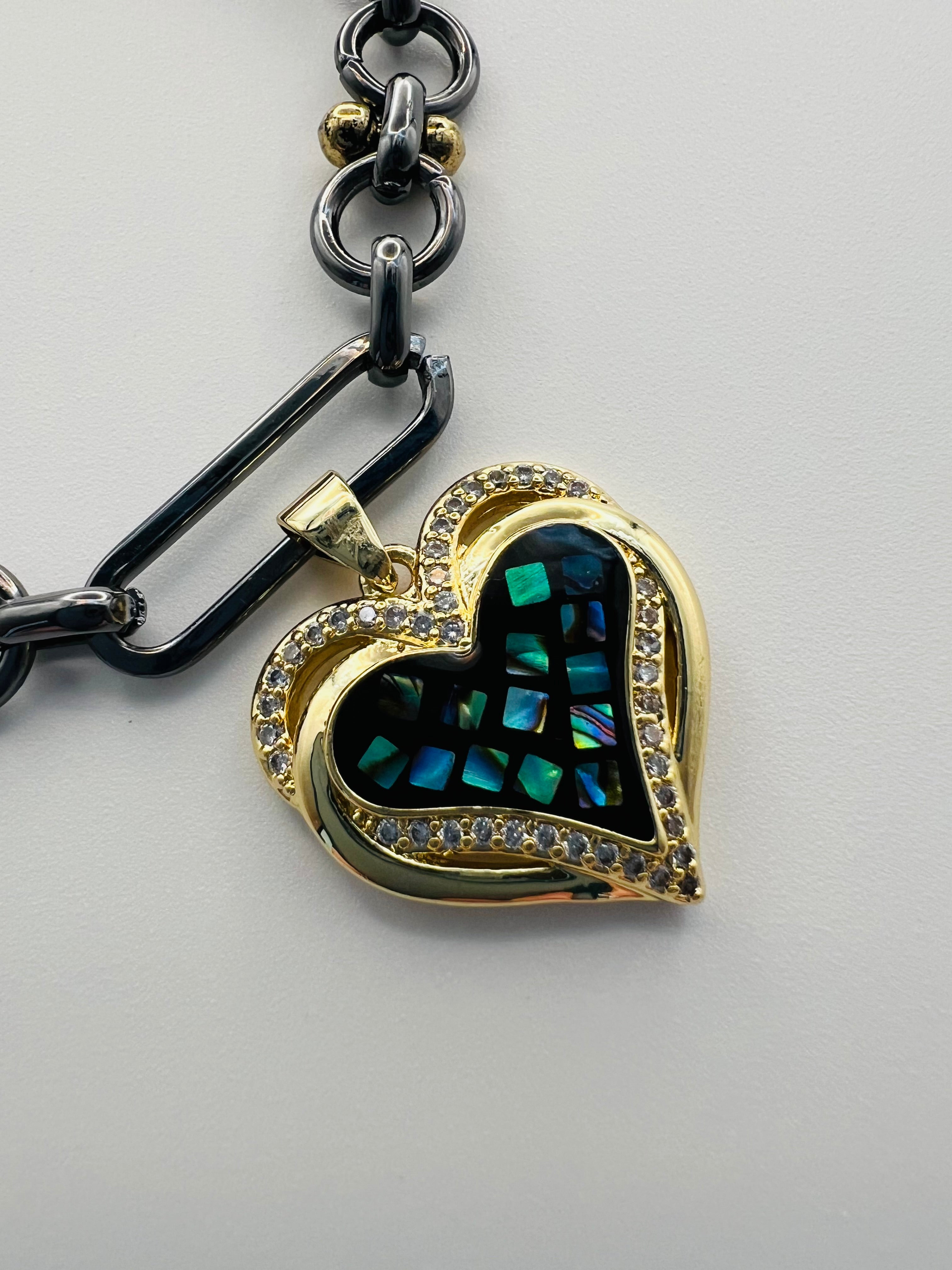 Gunmetal & Gold Tone Bracelet with Heart Faux Abalone Charm