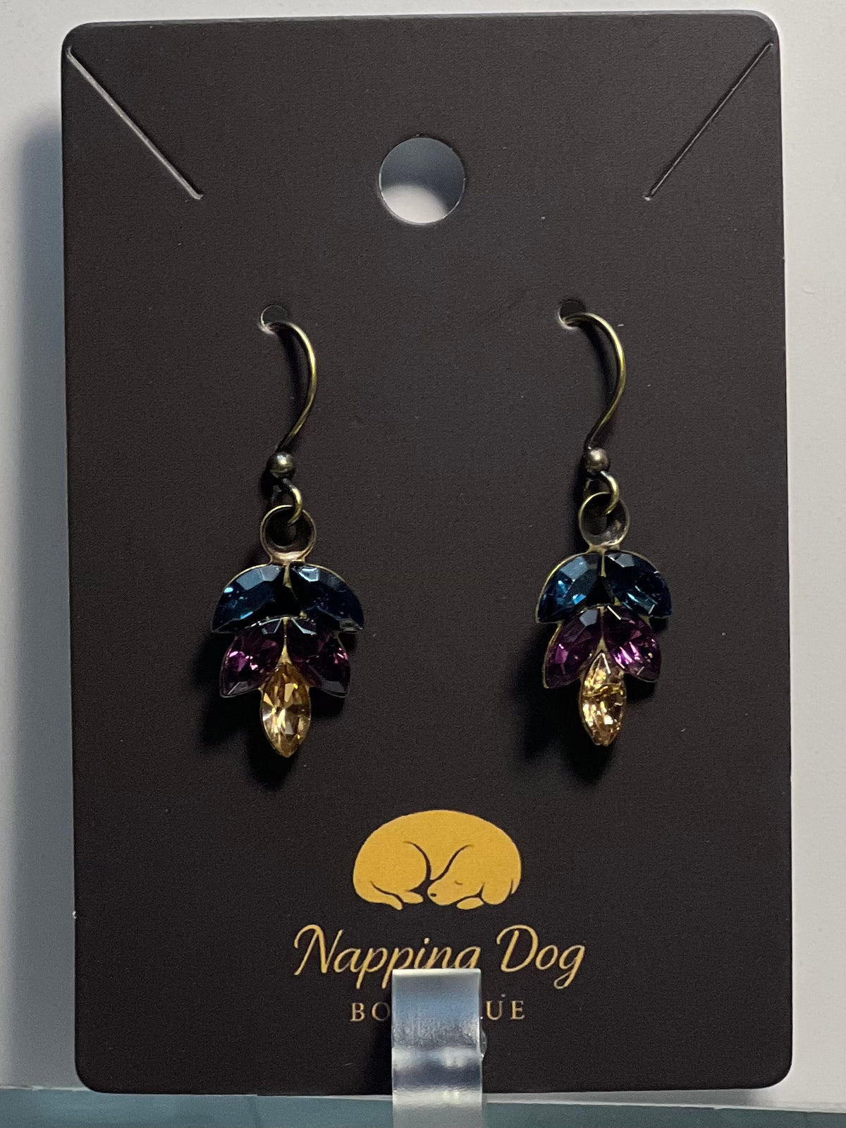 Jewel-Tone Crystal Leaf Dangle Earrings – Blue, Purple & Champagne