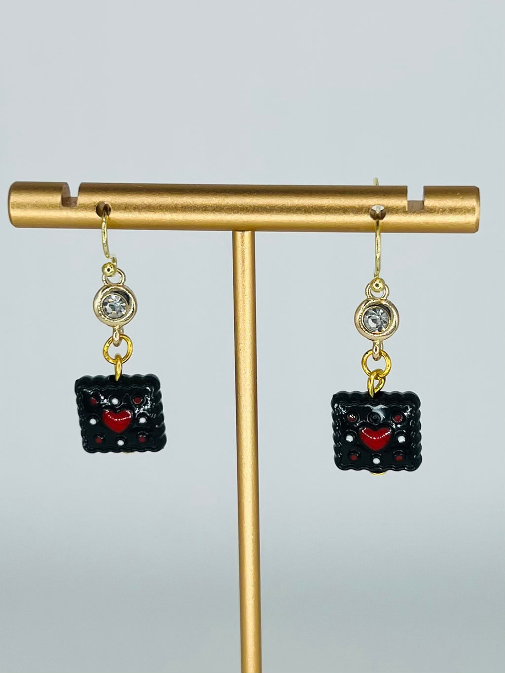 Black Square Bead with Red Heart Earrings