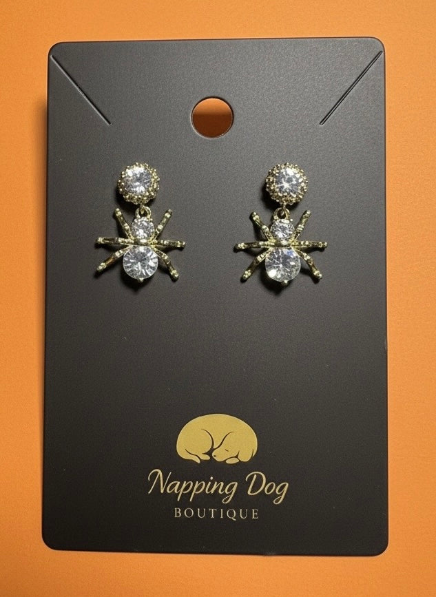 Gold and Crystal Spider Earrings
