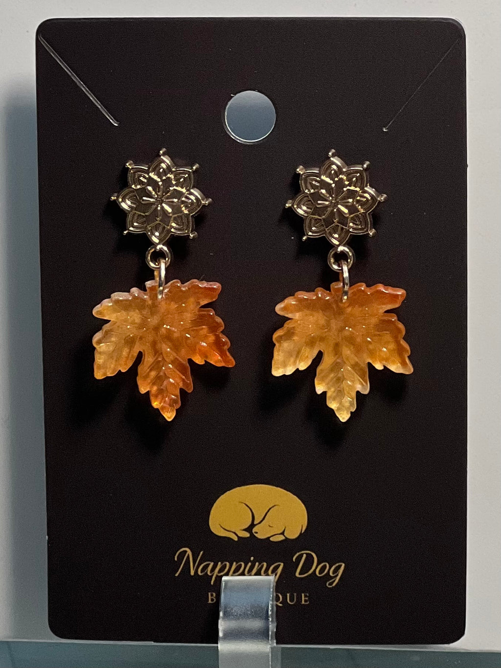 Glass Maple Leaf Dangle Earrings – Gold-Tone Floral Post Earrings