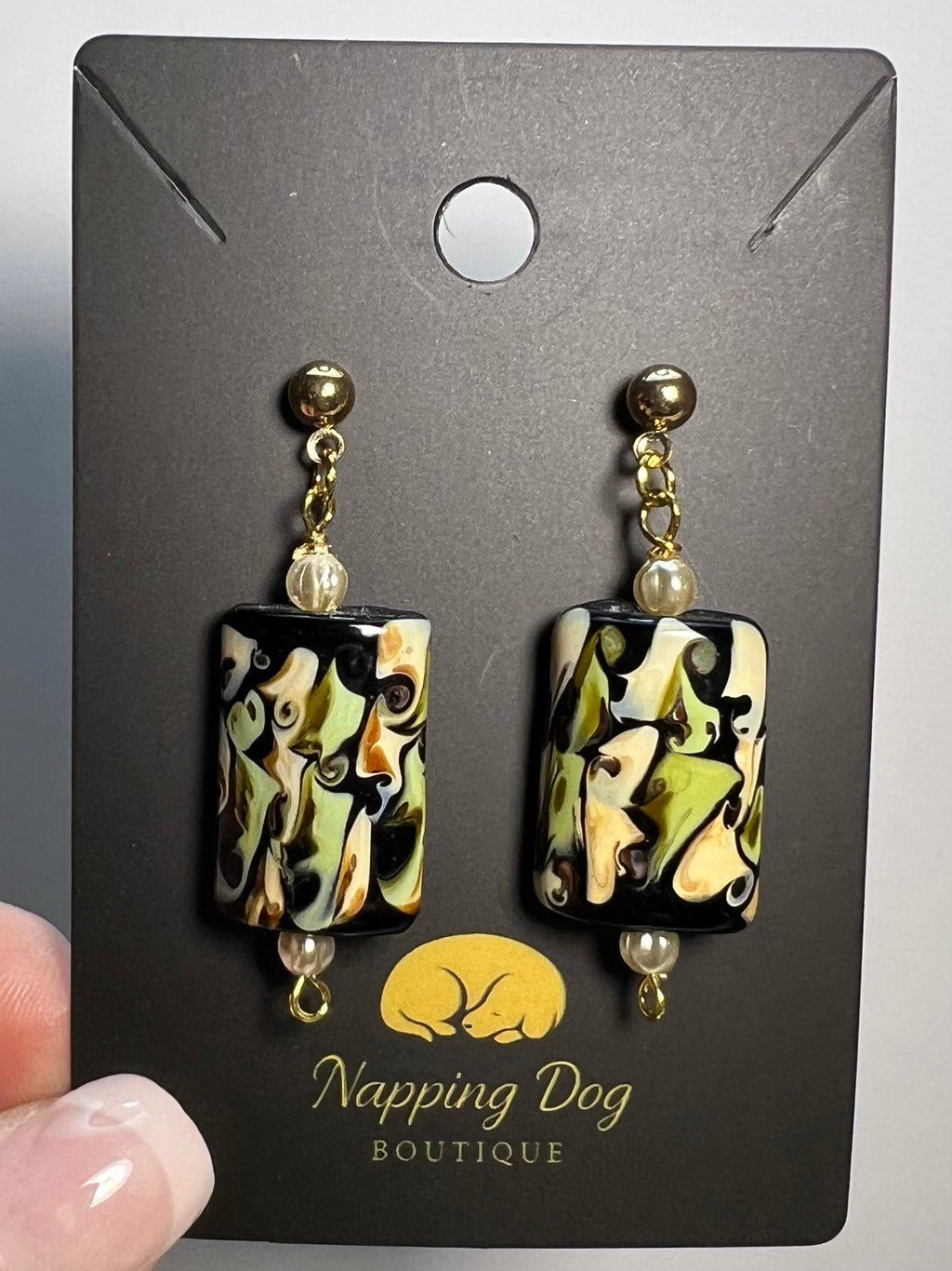 Ceramic Abstract Pattern Dangle Earrings with Pearl Accents – Gold-Tone Earrings