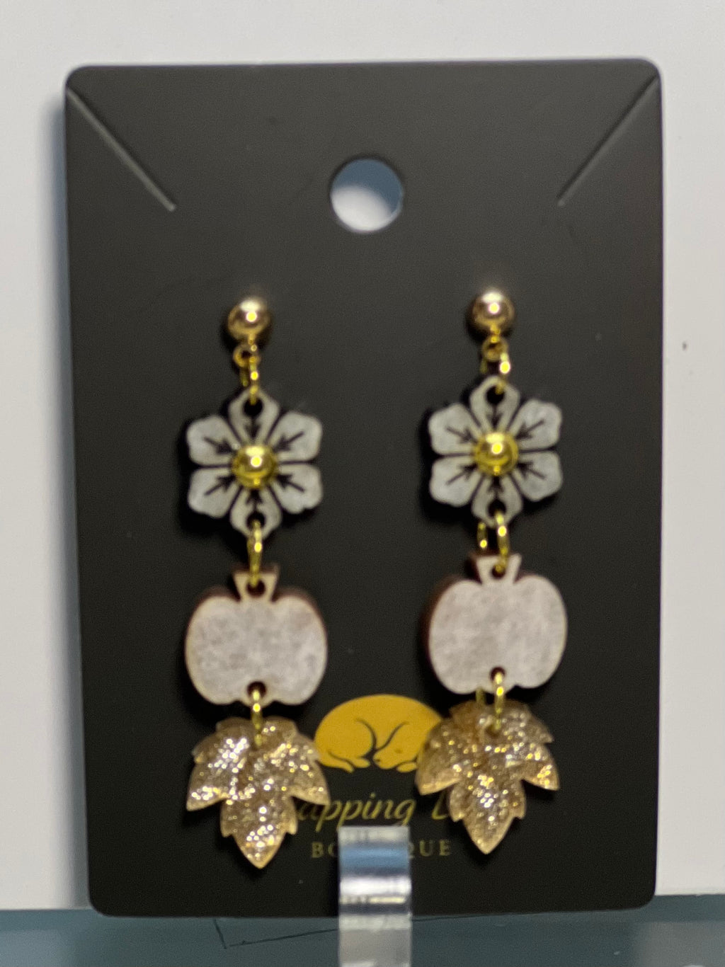Floral Pumpkin & Glitter Leaf Dangle Earrings – Gold-Tone Fall Earrings