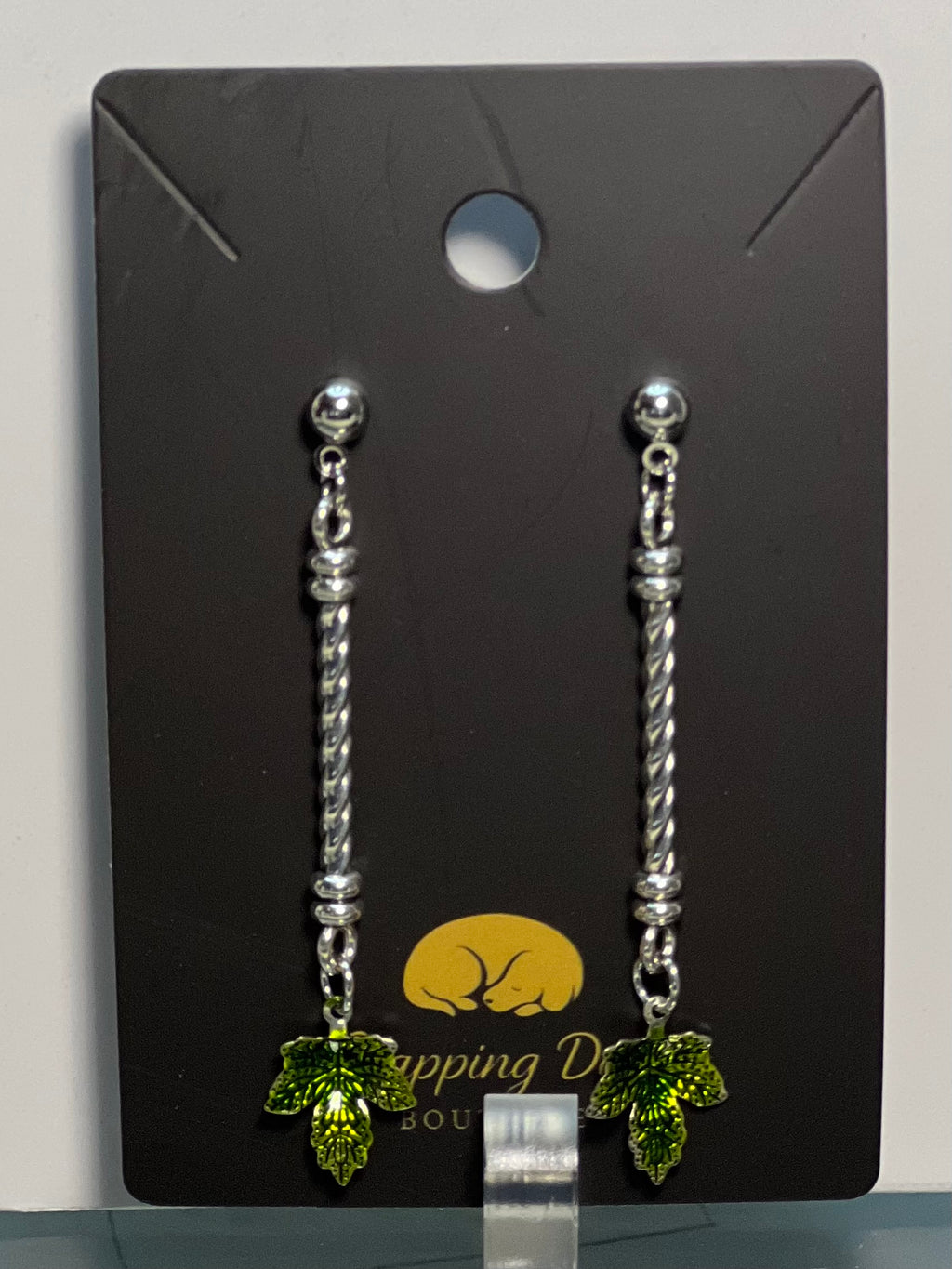 Silver-Tone Leaf Dangle Earrings – Green Enamel Fall Earrings