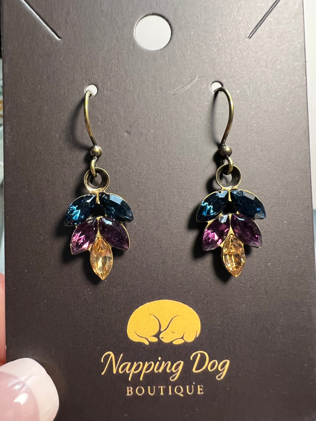 Jewel-Tone Crystal Leaf Dangle Earrings – Blue, Purple & Champagne