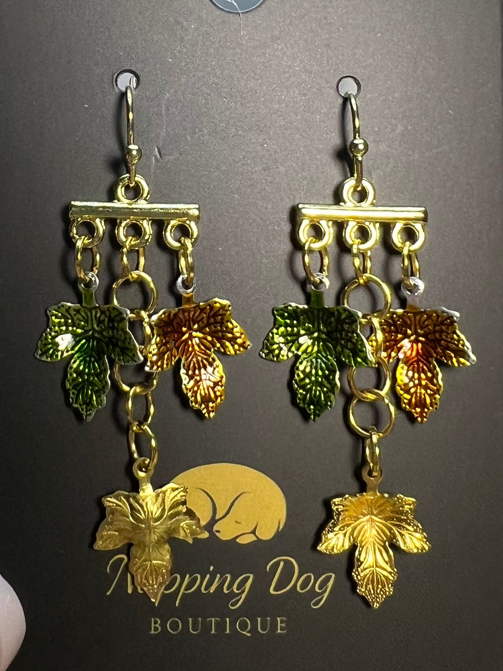 Autumn Leaf Chandelier Earrings – Gold-Tone Green & Copper Dangles