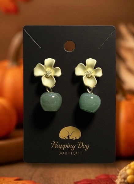 Green Aventurine Dangle Earrings with Gold-Tone Flower Posts – Natural Stone Ear