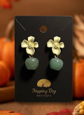 Green Aventurine Dangle Earrings with Gold-Tone Flower Posts – Natural Stone Ear