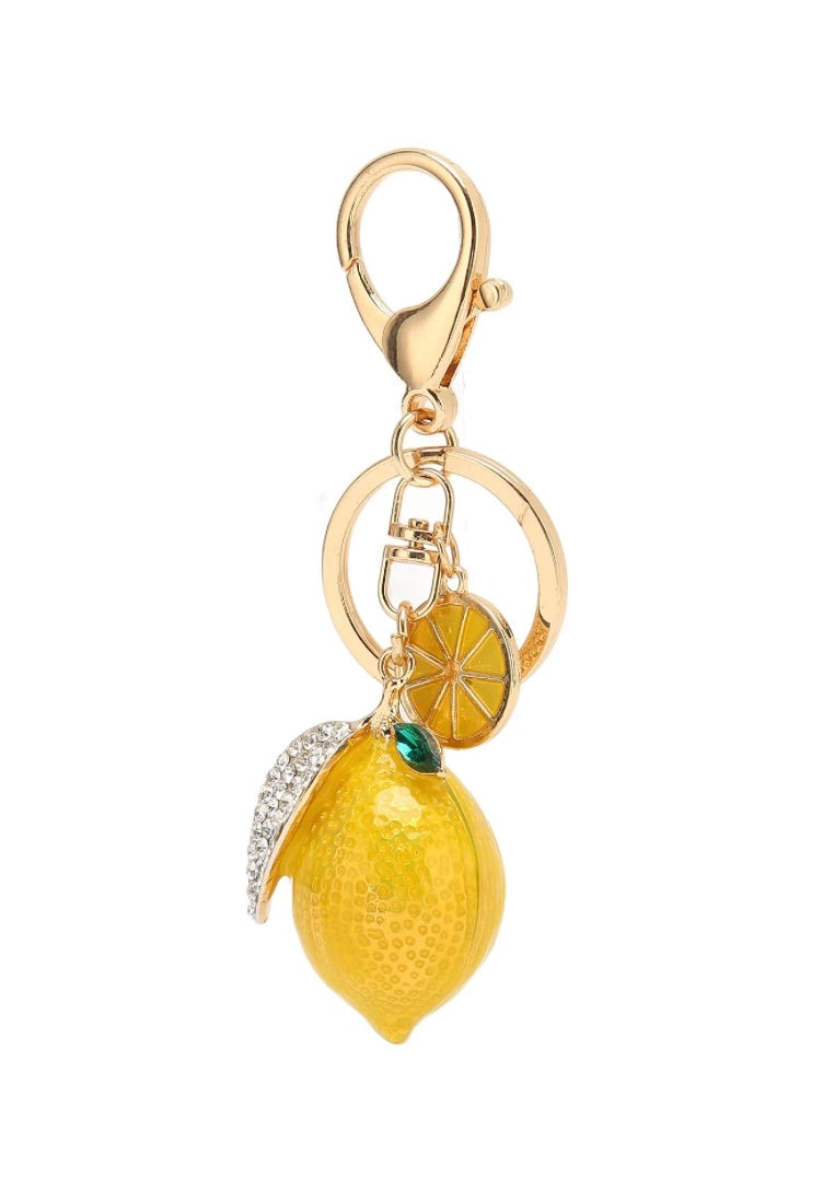 Rhinestone Lemon Keychain with Yellow Braided Strap